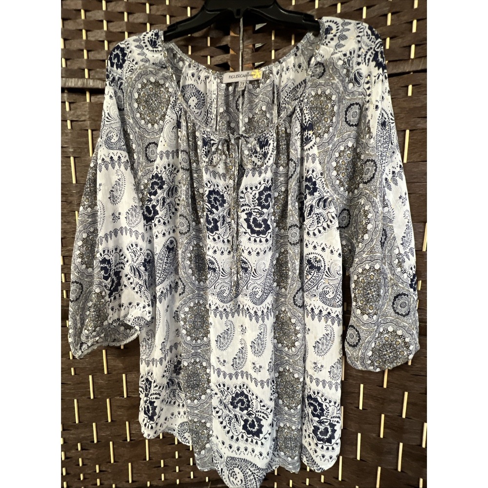 Figueroa & Flower Tunic Women 2X Blue Paisley Floral Sheer Lace Top Boho Peasant